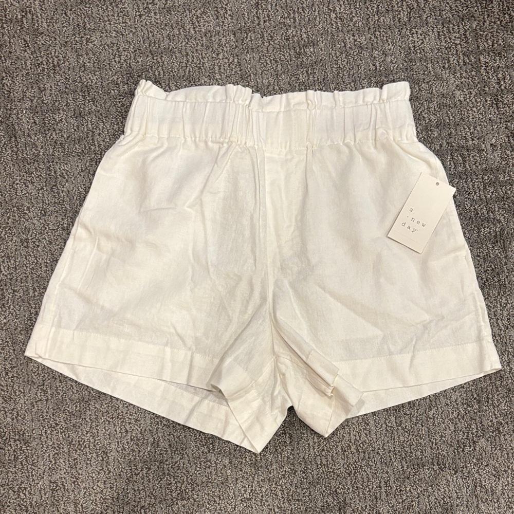 A New Day. Womens White Linen Shorts. High Waisted.